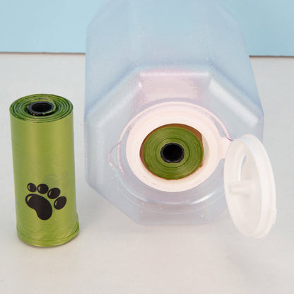 Portable dog water bottle for hiking with built-in waste bag roll attachment