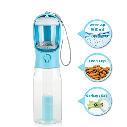 Portable dog water bottle for hiking clipped on with its lanyard attachment