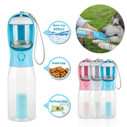 Portable dog water bottle with built-in food compartment and waste bag holder for hiking