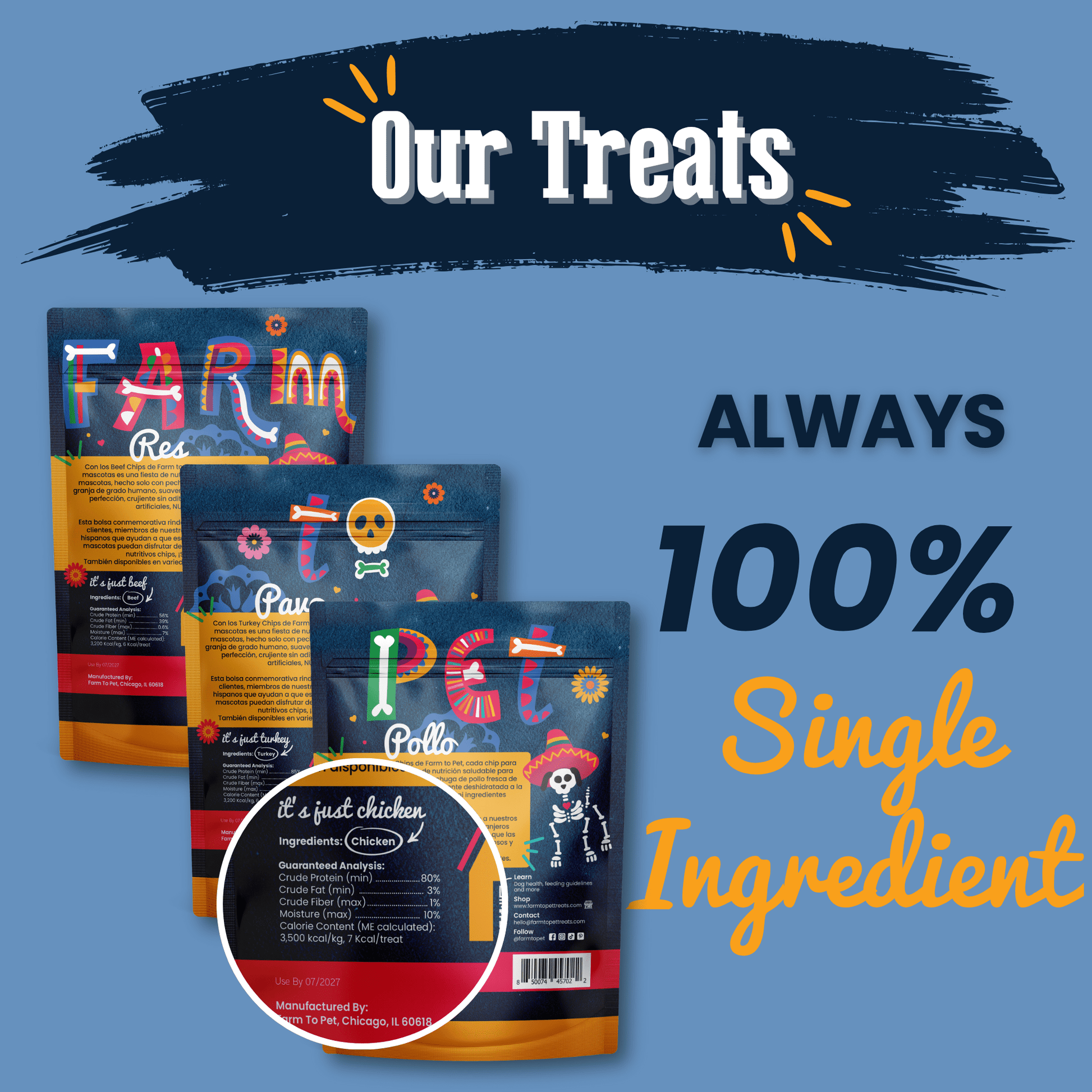 Back label of Premios Para Perros fiesta pack three single-ingredient dog treats