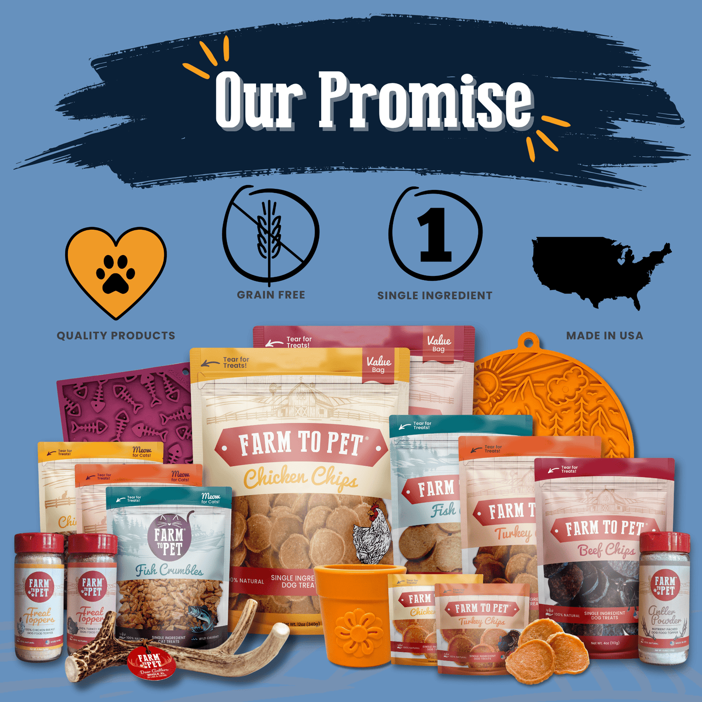 Farm To Pet our promise Premios Para Perros USA-made single-ingredient dog treat bundle