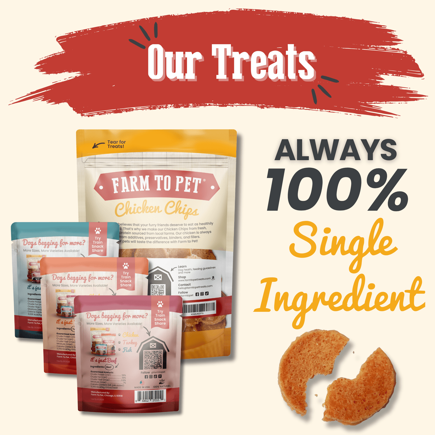 Back of Farm To Pet puppy packs chicken dog treats all-natural single-ingredient label