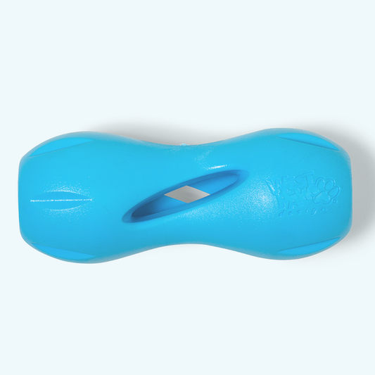Aqua blue Qwizl treat-dispensing dog toy by West Paw