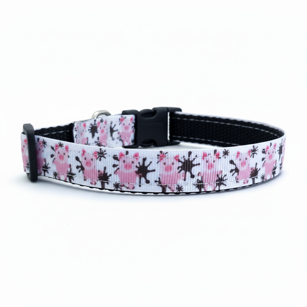 Adjustable small dog collar with cute pink pig print, lightweight buckle, and D‑ring, perfect for everyday walks for small dogs in Huntington Beach, CA