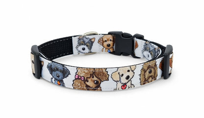 Dog collar with a pattern of various dog faces on a white background