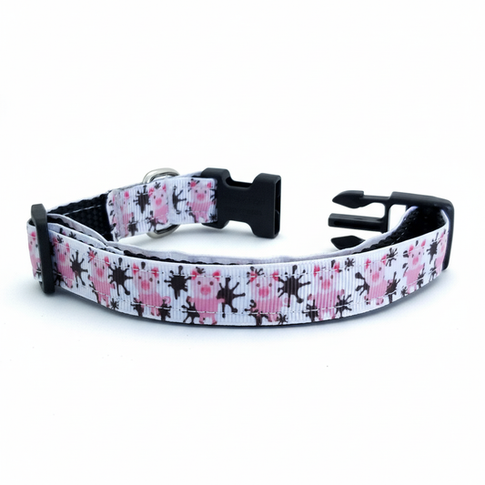 Adjustable small dog collar with cute pink pig print, lightweight buckle, and D‑ring, perfect for everyday walks for small dogs in Huntington Beach, CA
