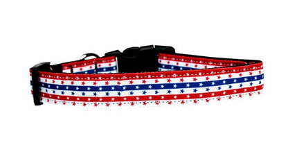 Stars and Stripes dog collar close-up – sewn American flag ribbon overlay detail