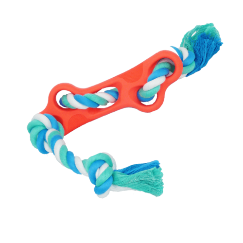 a rubber bone and rope interactive chew toy, durable tug and fetch toy for small to large dogs