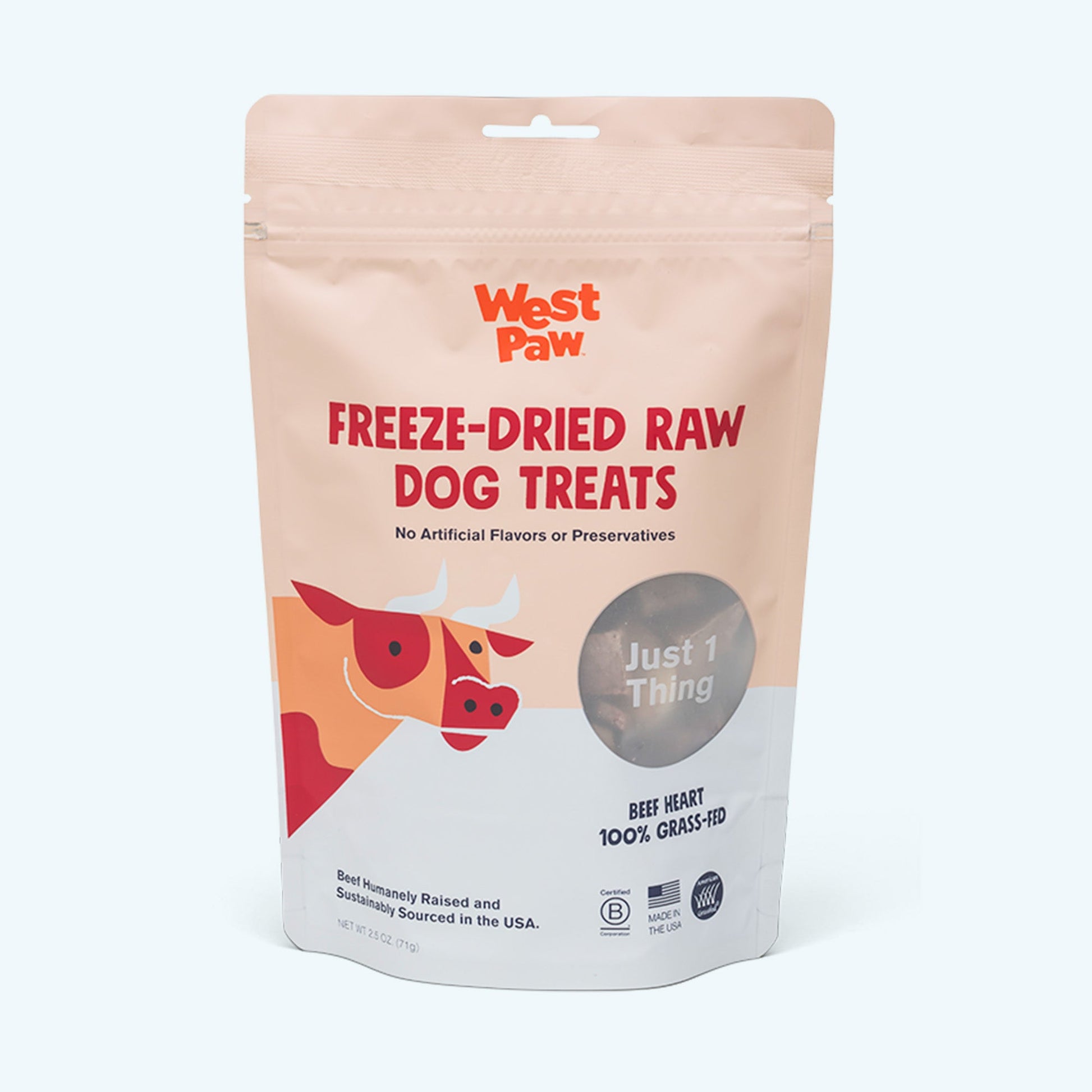 Front of the West Paw Beef Heart freeze dried single-ingredient dog treat bag