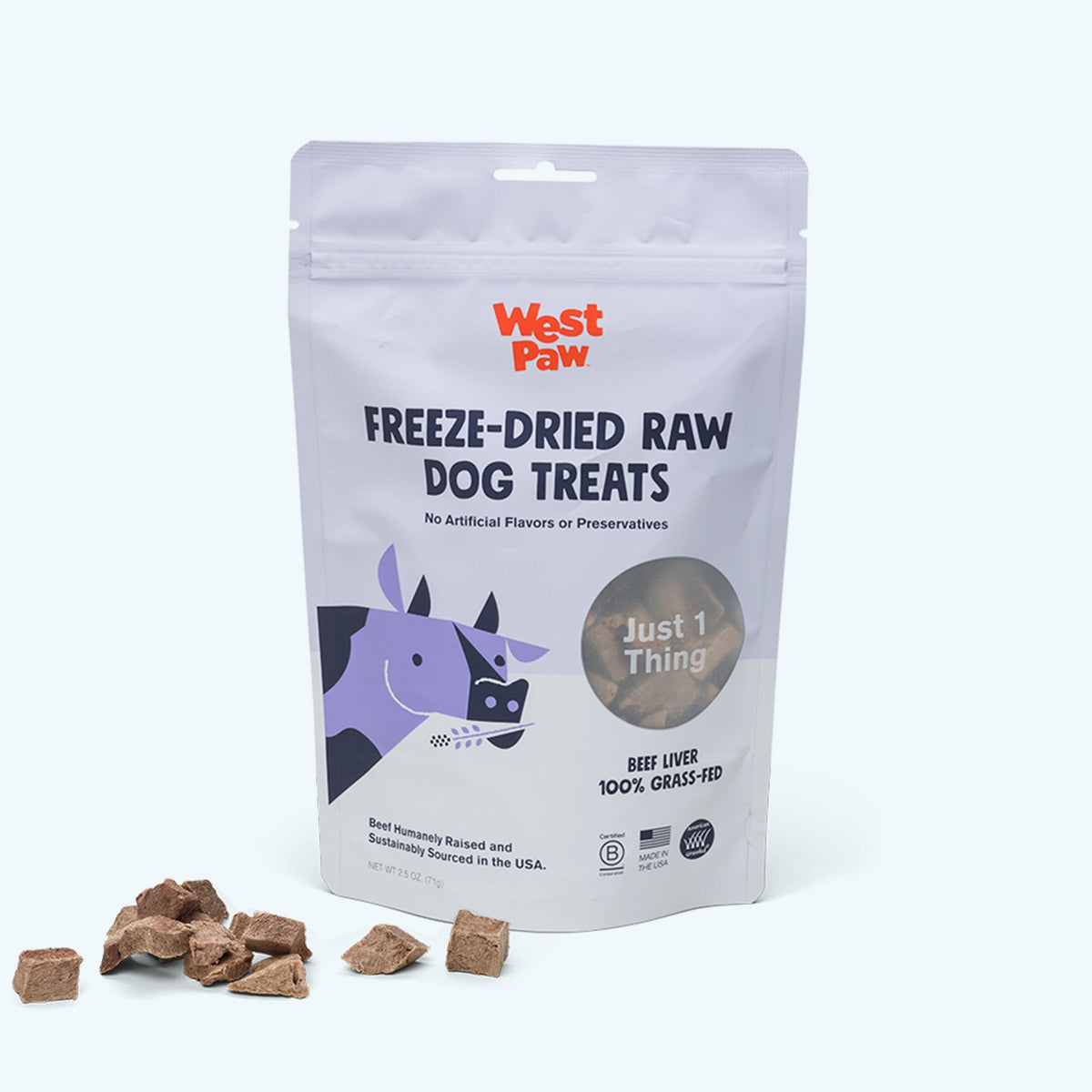 Back of the West Paw Beef Liver bag showing ingredients and feeding directions