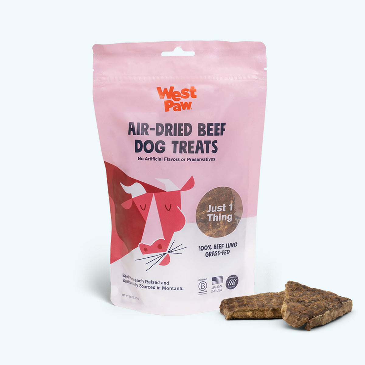 Back of the West Paw Beef Lung bag showing ingredients and feeding directions