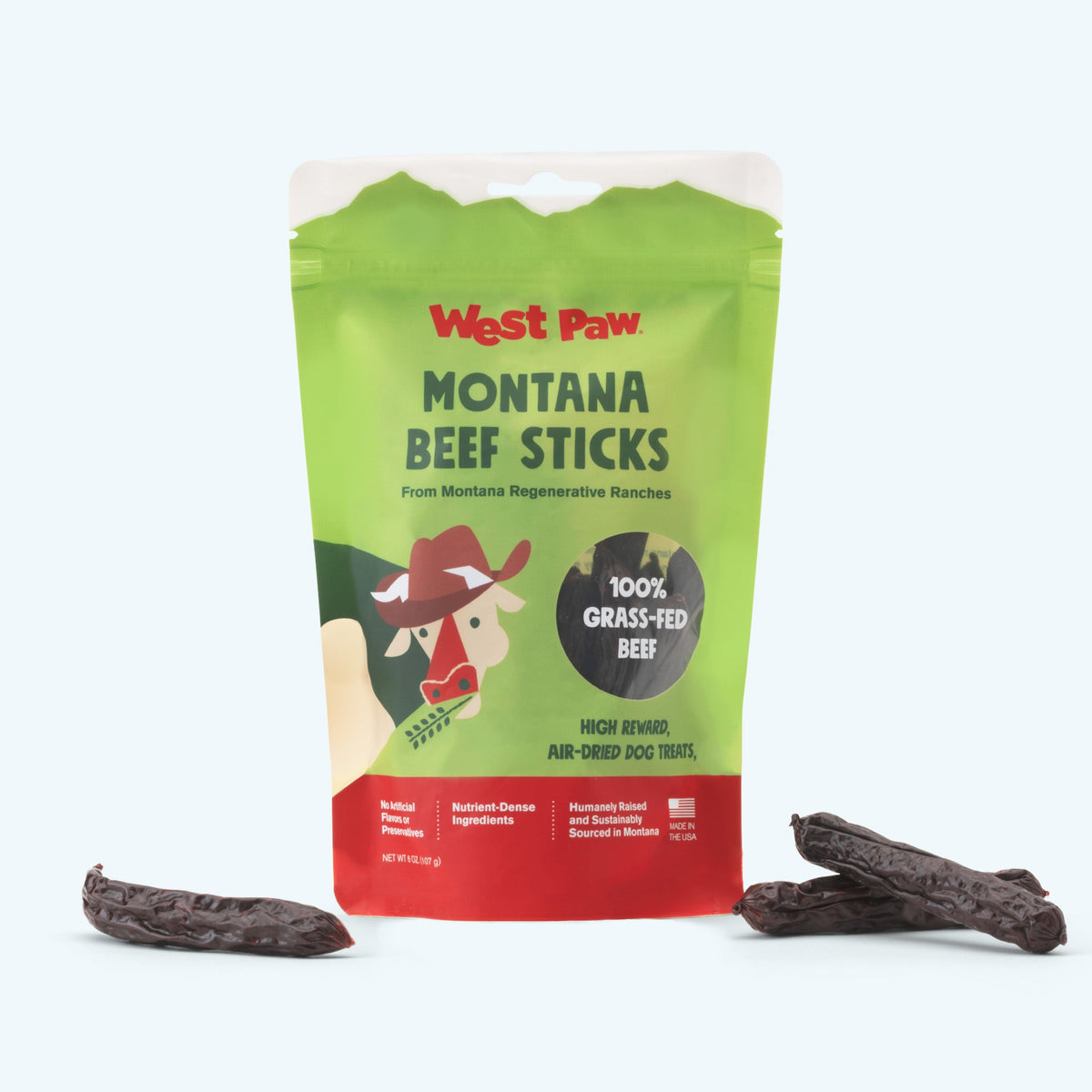 Back of the West Paw Beef Stick package showing ingredients and feeding directions