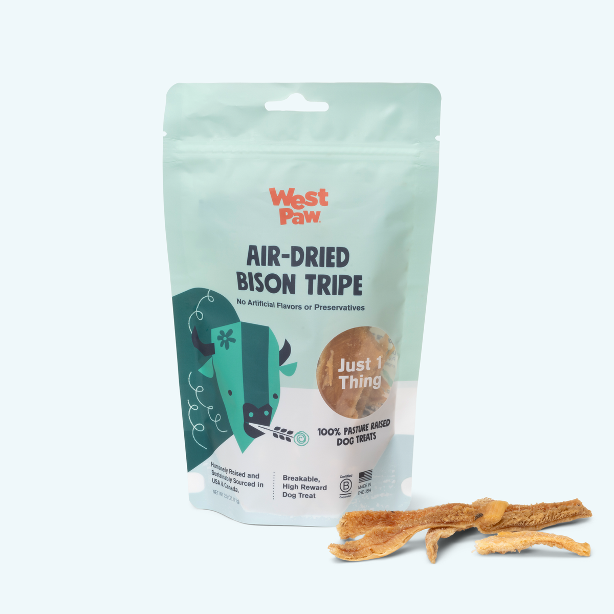 Back of the West Paw Bison Tripe bag showing ingredients and feeding directions