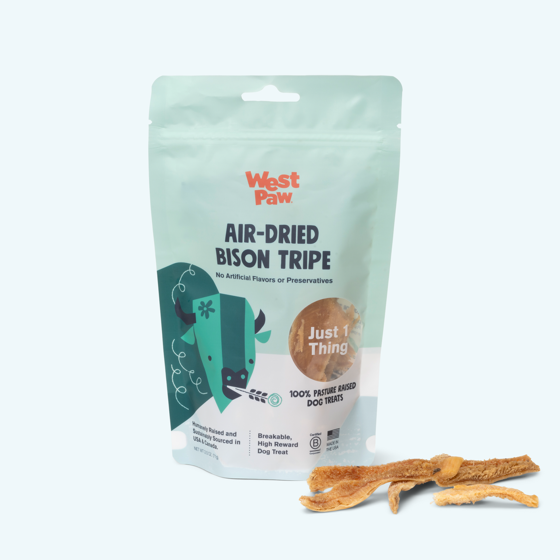 Back of the West Paw Bison Tripe bag showing ingredients and feeding directions