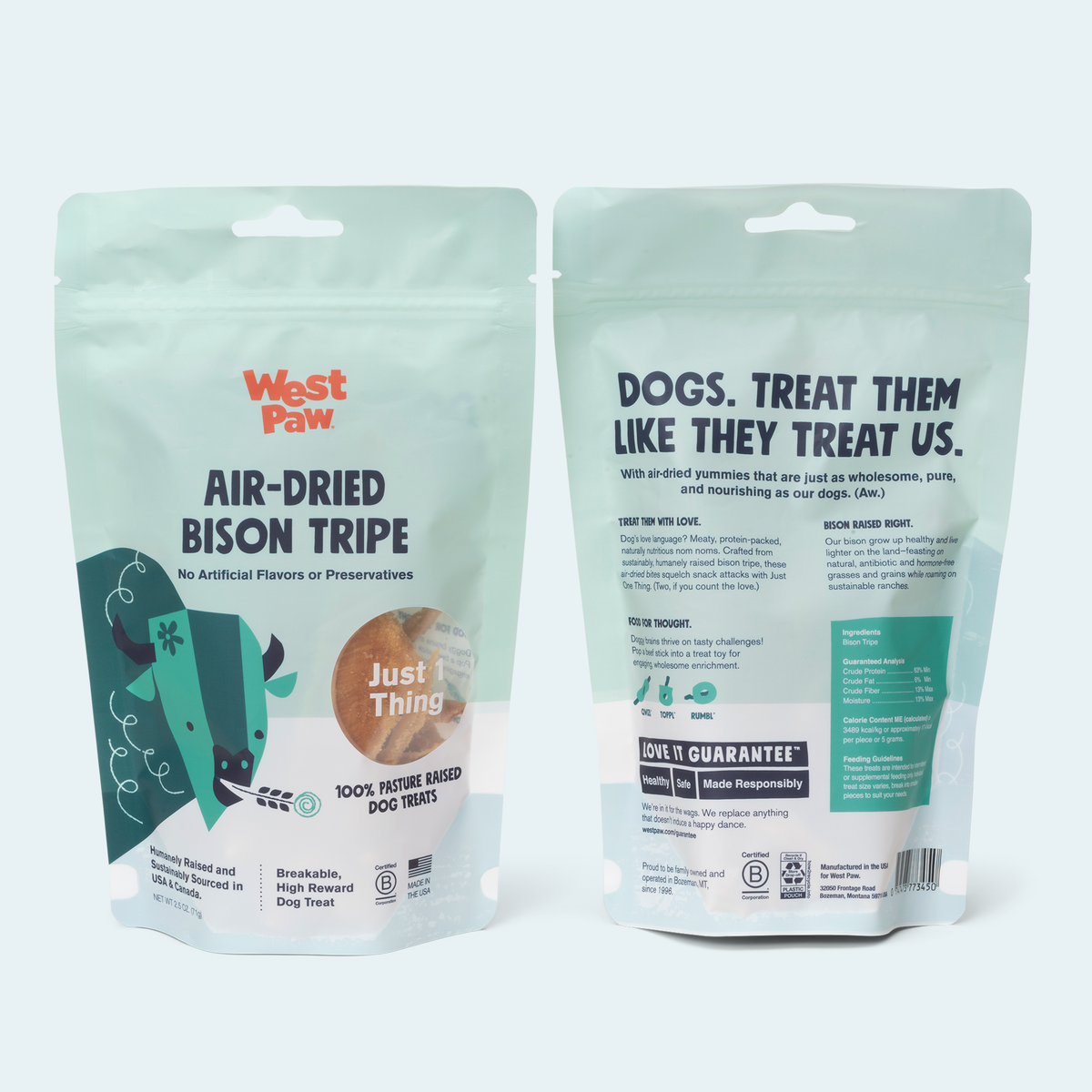 Air-dried West Paw Bison Tripe treat pieces shown out of the bag