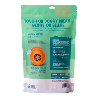 Back of the West Paw Natural Dental Sticks Large bag showing ingredients, guaranteed analysis, and feeding directions