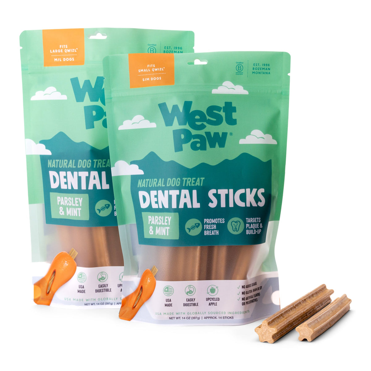 West Paw Natural Dental Sticks shown in Small and Large sizes, in and out of their packaging, for size comparison