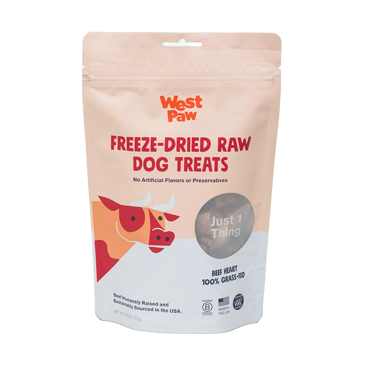 Front view of a 2.5 oz bag of West Paw Freeze-Dried Raw Beef Heart dog treats made with 100% grass-fed beef and featuring a clear window showing treat pieces