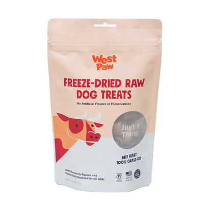 Front view of a 2.5 oz bag of West Paw Freeze-Dried Raw Beef Heart dog treats made with 100% grass-fed beef and featuring a clear window showing treat pieces