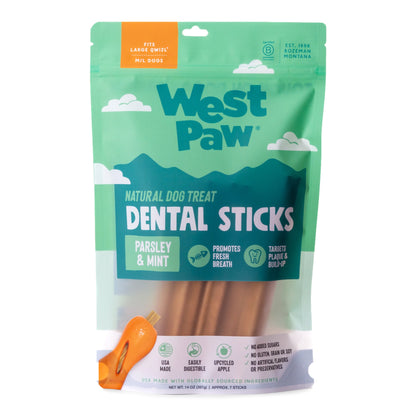 Front of the West Paw Natural Dental Sticks Large bag, a parsley and mint dog dental chew for large dogs