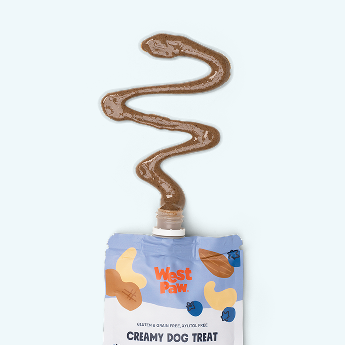 Back of the West Paw Nut Butter, Blueberry, and Chia Seed pouch showing ingredients and feeding directions