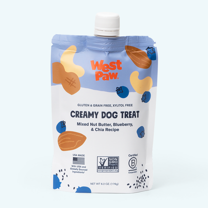 Front of the West Paw Nut Butter, Blueberry, and Chia Seed creamy dog treat pouch