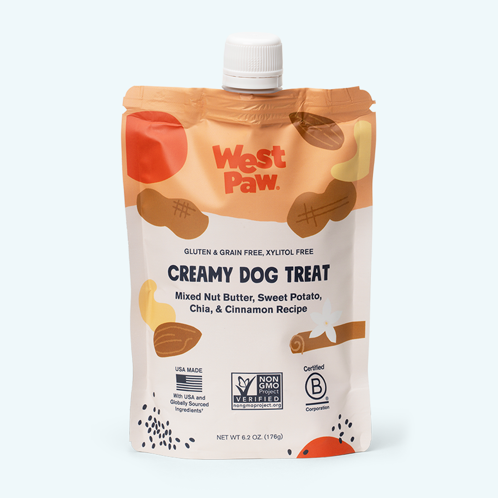 Front of the West Paw Nut Butter, Sweet Potato, and Chia Seed creamy dog treat pouch