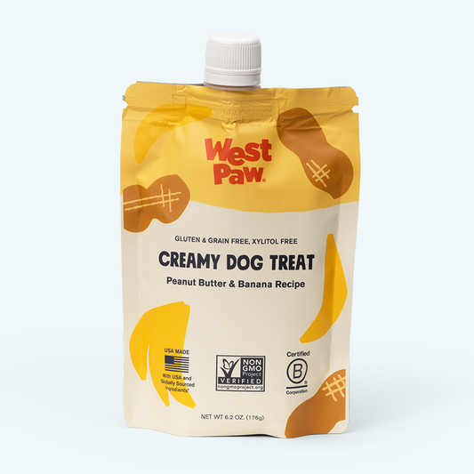 Front of the West Paw Peanut Butter and Banana creamy dog treat pouch