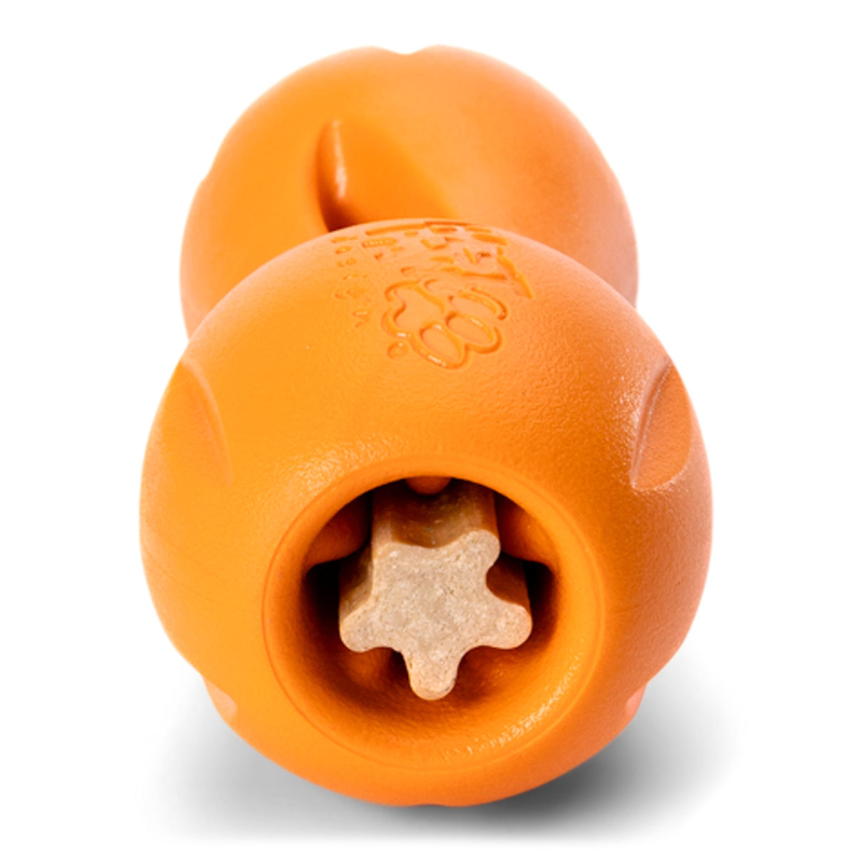 Close-up of a West Paw Tangerine Qwizl toy with a dental stick inserted for a dog's chew session