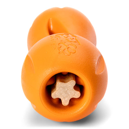 Close-up of a West Paw Tangerine Qwizl toy with a dental stick inserted for a dog's chew session