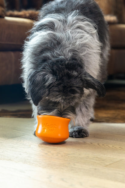 Dog playing with a West Paw Toppl toy filled with a Toppl Treat outdoors