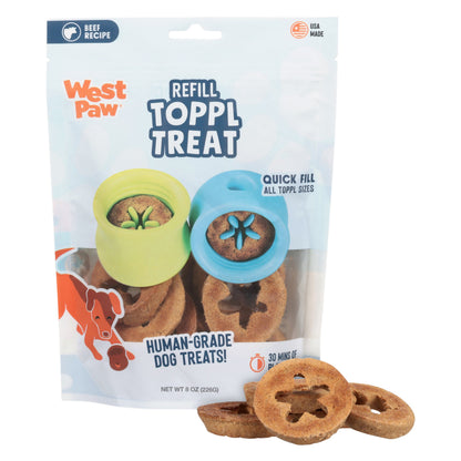 West Paw Toppl Treat package shown alongside loose treat pieces