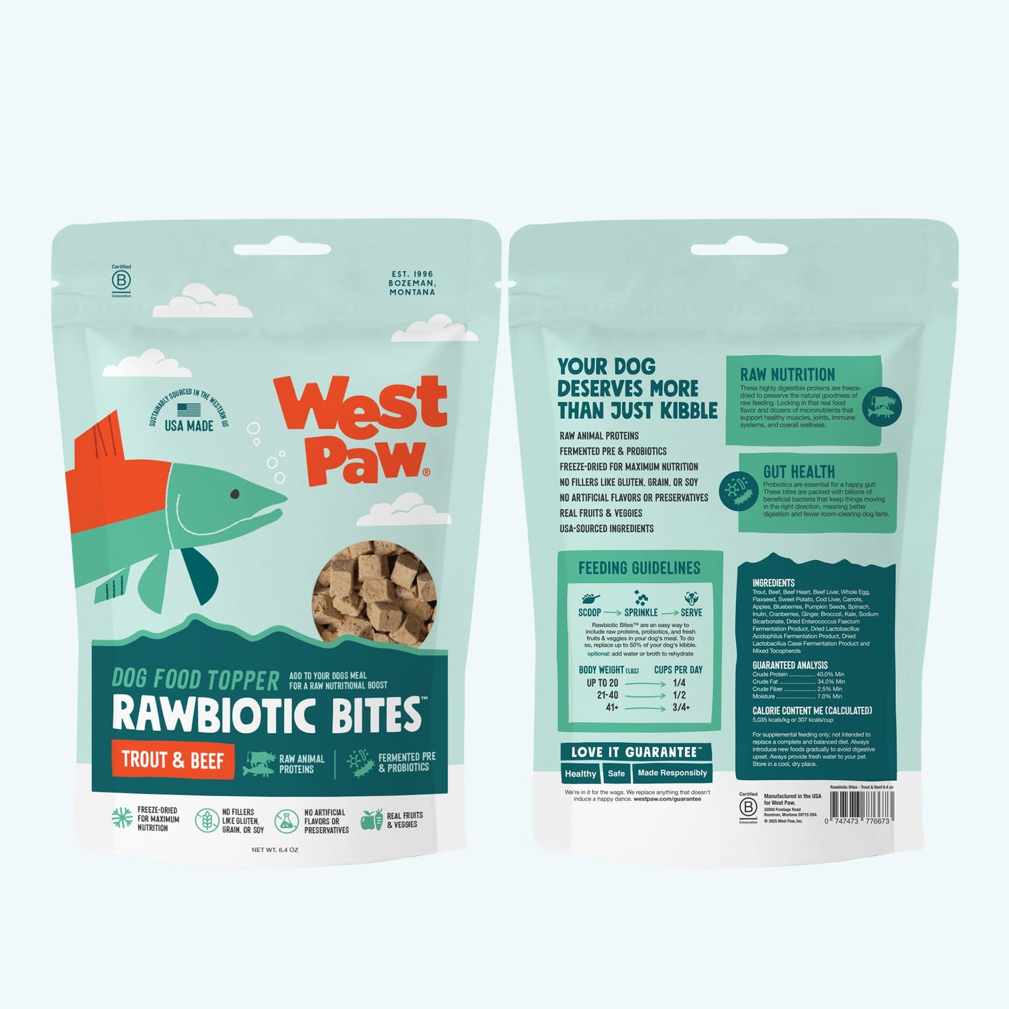 Back of the West Paw Trout and Beef dog food topper bag showing ingredients