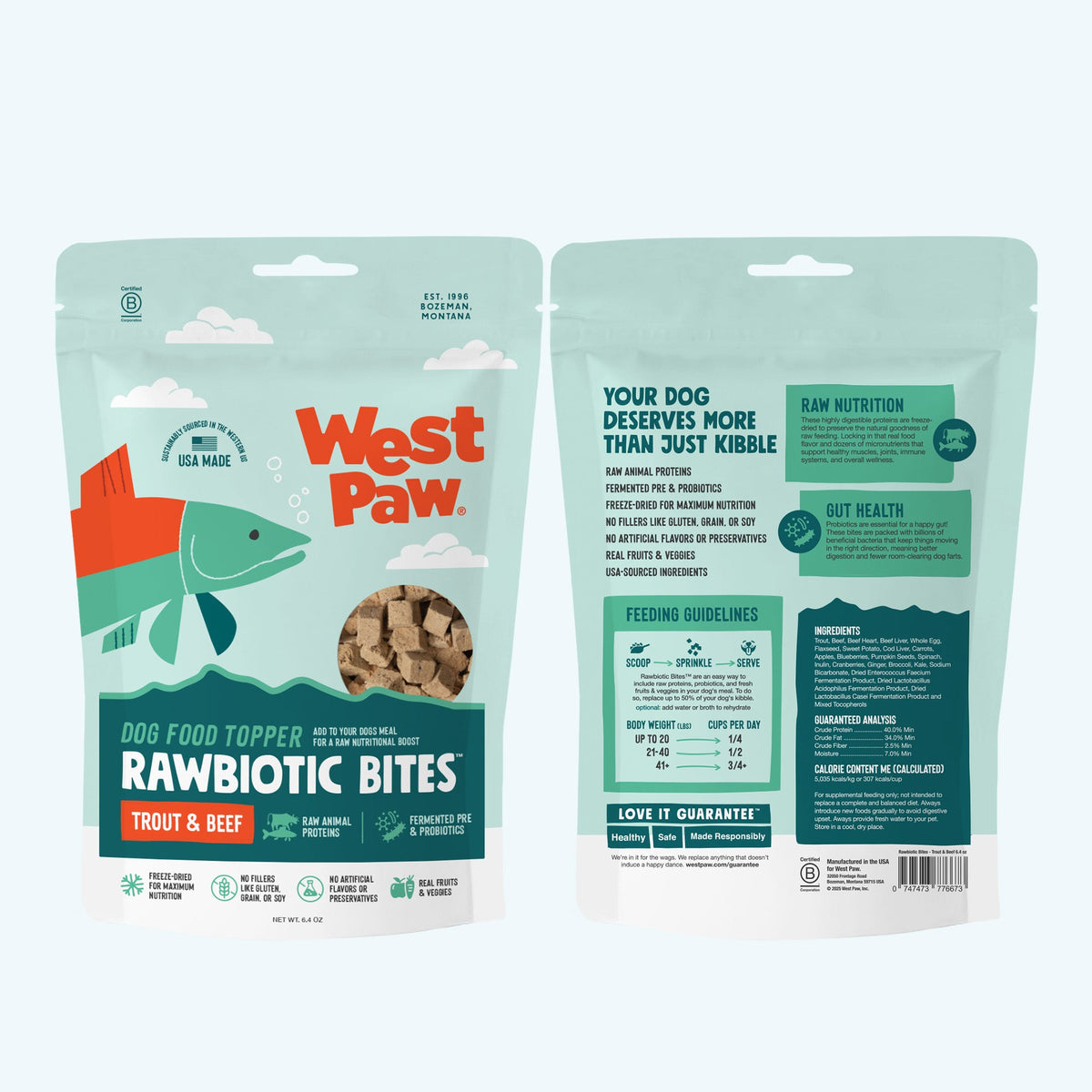 Back of the West Paw Trout and Beef dog food topper bag showing ingredients