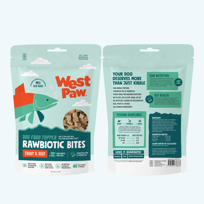 Back of the West Paw Trout and Beef dog food topper bag showing ingredients
