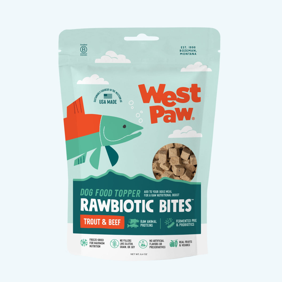 Front of the West Paw Rawbiotic Bites Trout and Beef dog food topper bag