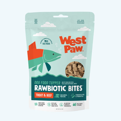 Front of the West Paw Rawbiotic Bites Trout and Beef dog food topper bag