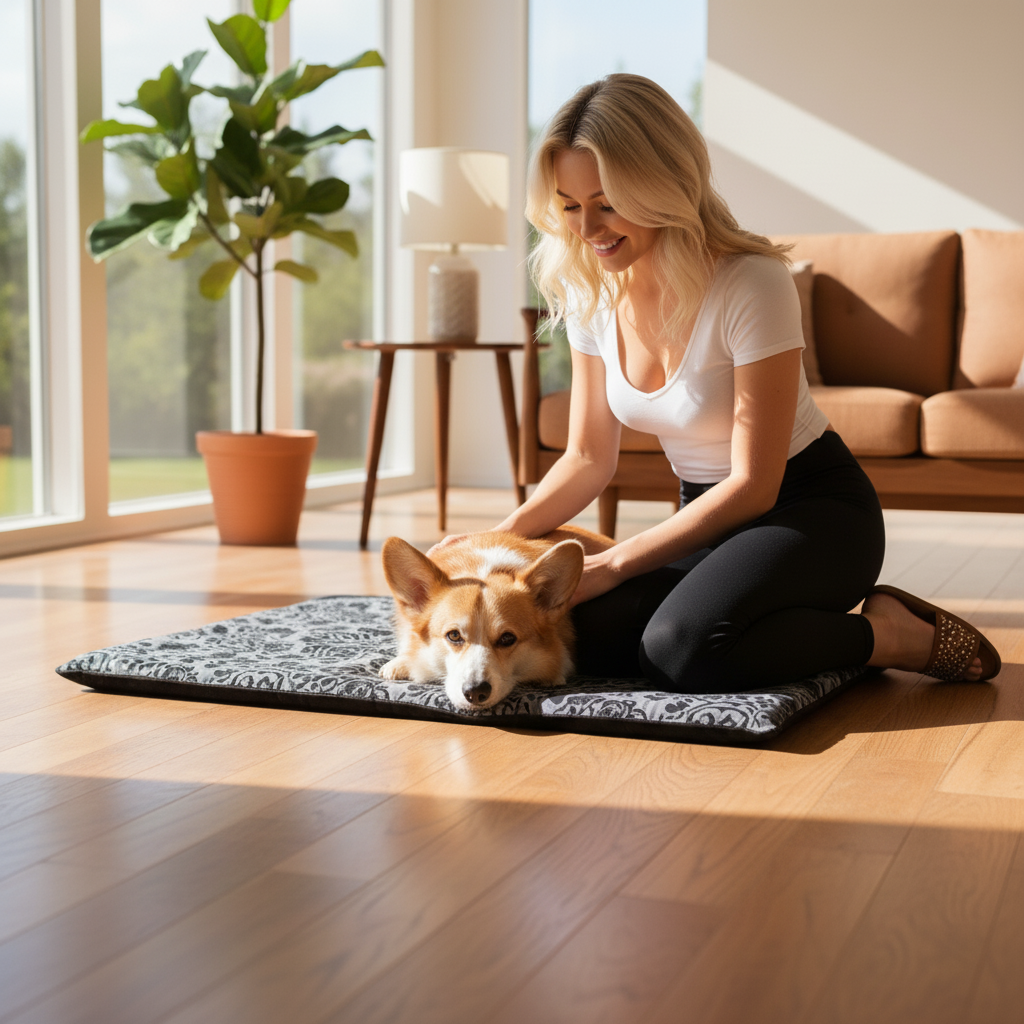 Smiling blonde woman kneeling beside her Corgi on a Paws & Pockets self-heating thermal pet warming pad in a bright mid-century modern living room with fiddle leaf fig and caramel sofa