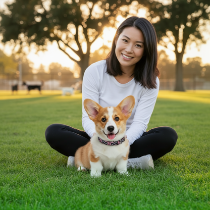 Woman sitting on grass with a corgi wearing a got treats dog collar at sunset
