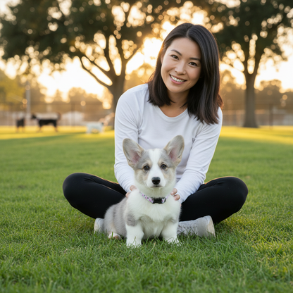 Woman with her Corgi puppy wearing an adjustable small dog collar with cute pink pig print, lightweight buckle, and D‑ring, perfect for everyday walks for small dogs in Huntington Beach, CA