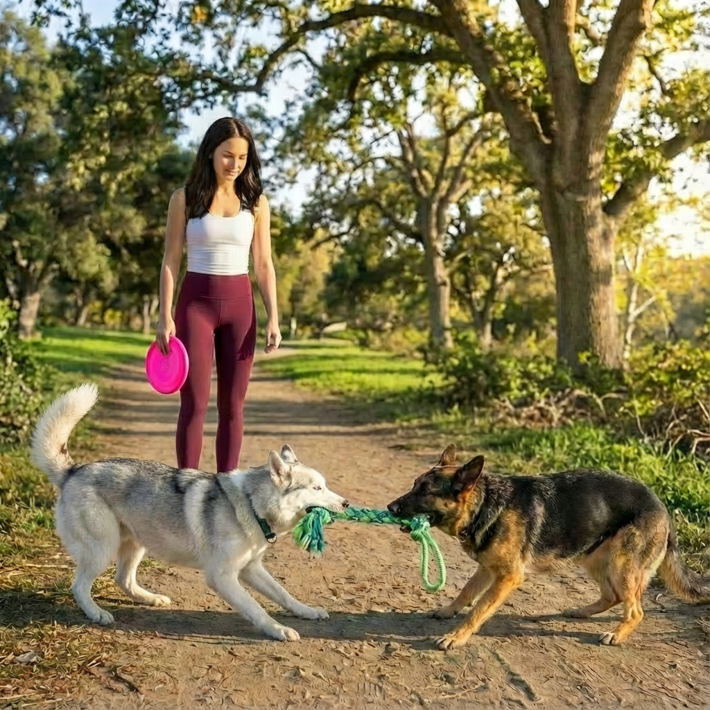 Woman  in the park with two dogs playing with a blue green braided rope
